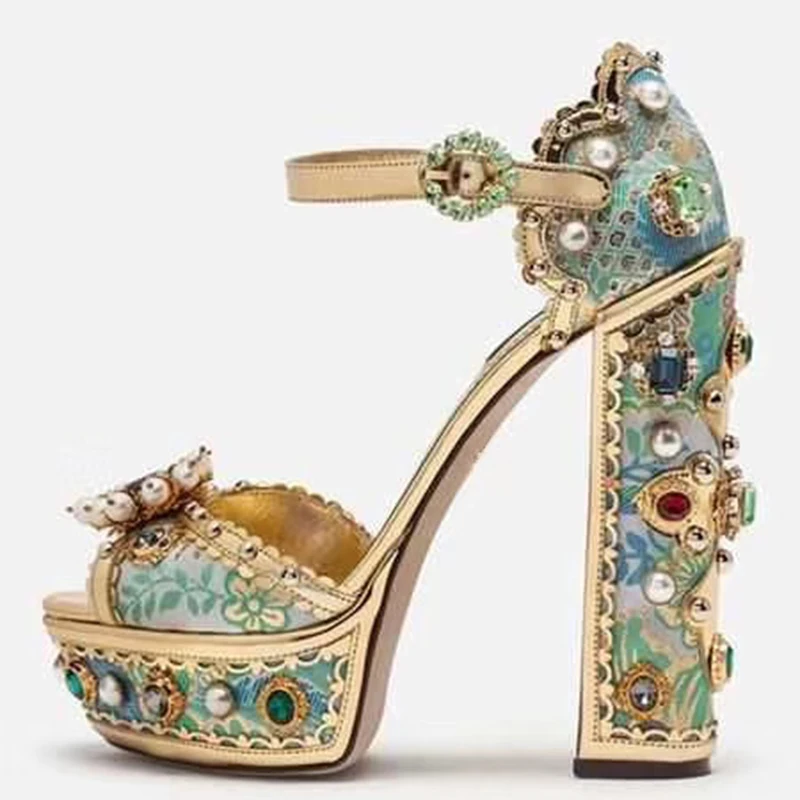 

Prowow gemstone high heel platform sandals metallic gold leather summer party shoes ladies wedding high heels