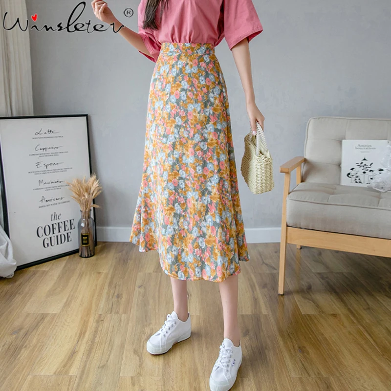 

2020 Summer Fashion Retro Floral Print Skirts Womens Zipper High Waist Chic Printed Sweet Ladies Midi Skirt Saia Faldas B04911B