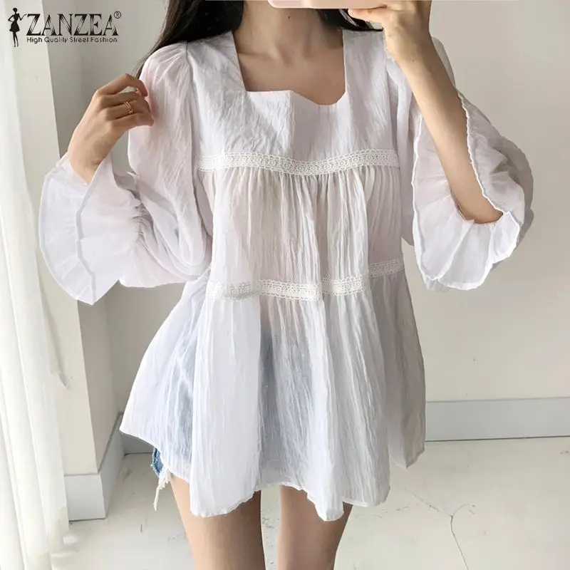 

ZANZEA Solid Blouse Women Elegant Ruffle Blusa 2021 Autumn Lace Patchwork Top Female Long Sleeve Shirt Casual Chic White Chemise