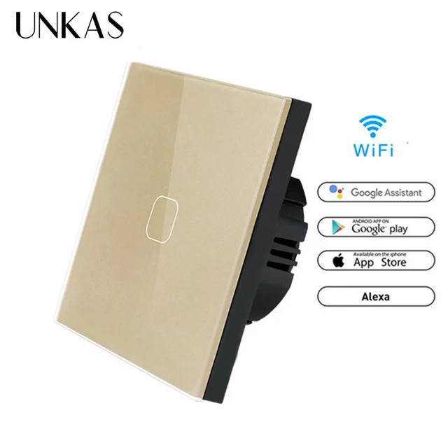 WiFi Gold 1gang UNKAS 86 Тип Alexa Google домашний сенсорный переключатель умный светильник переключатель wifi светильник переключатель приложение беспроводной пульт дистанционного управления стандарт ЕС - Цвет: WiFi Gold 1gang