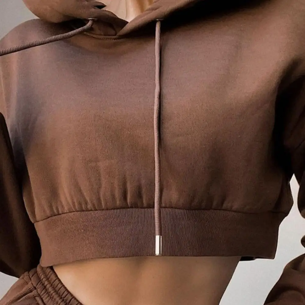 

1 Set Loose Drawstring Hoodies Pants Set Solid Color Hooded Waist Tied Women Long Sleeve Crop Top Hoodies Pockets Trousers