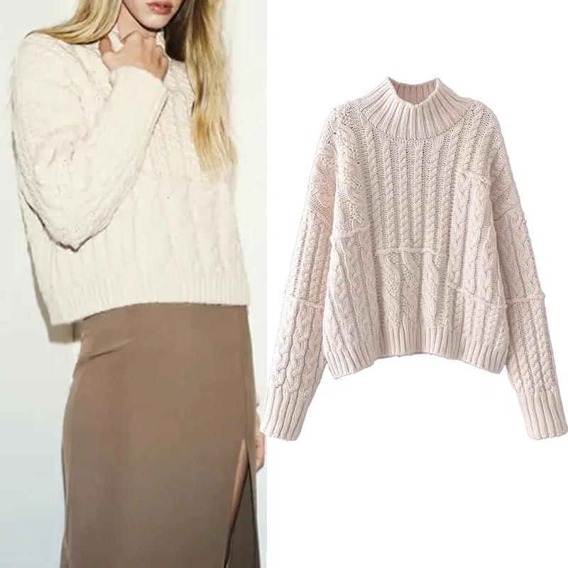 

Женский белый вязаный свитер TRAF Za, укороченный свитер с высоким воротником, модный вязаный пуловер с длинным рукавом, зима 2021