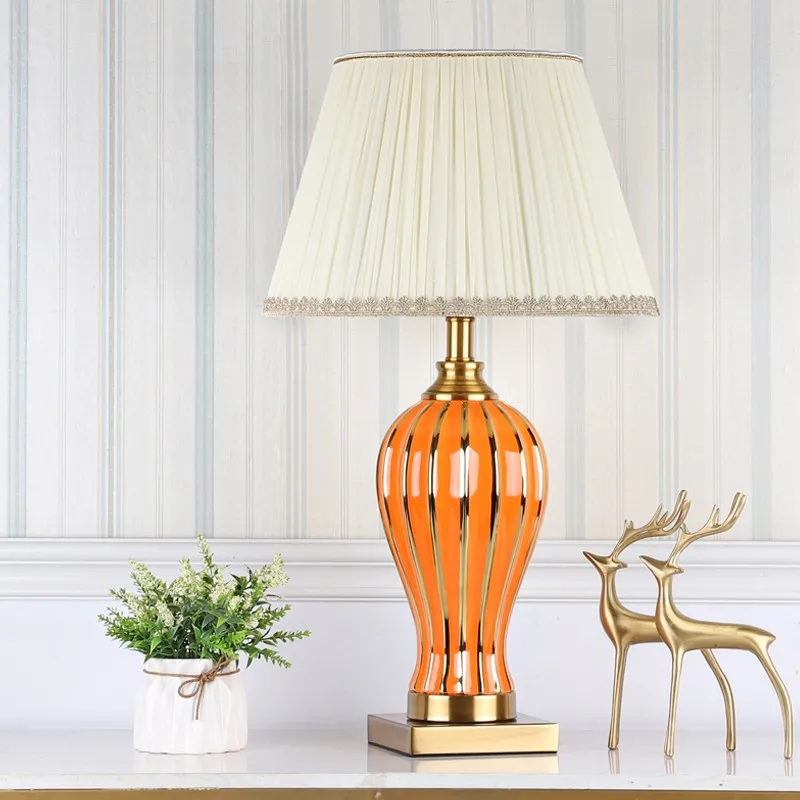 

OURFENG Ceramic Table Lamp for Bedside Orange LED Desk Light Luxury Decoration For Living Room Bedroom Library Study Office