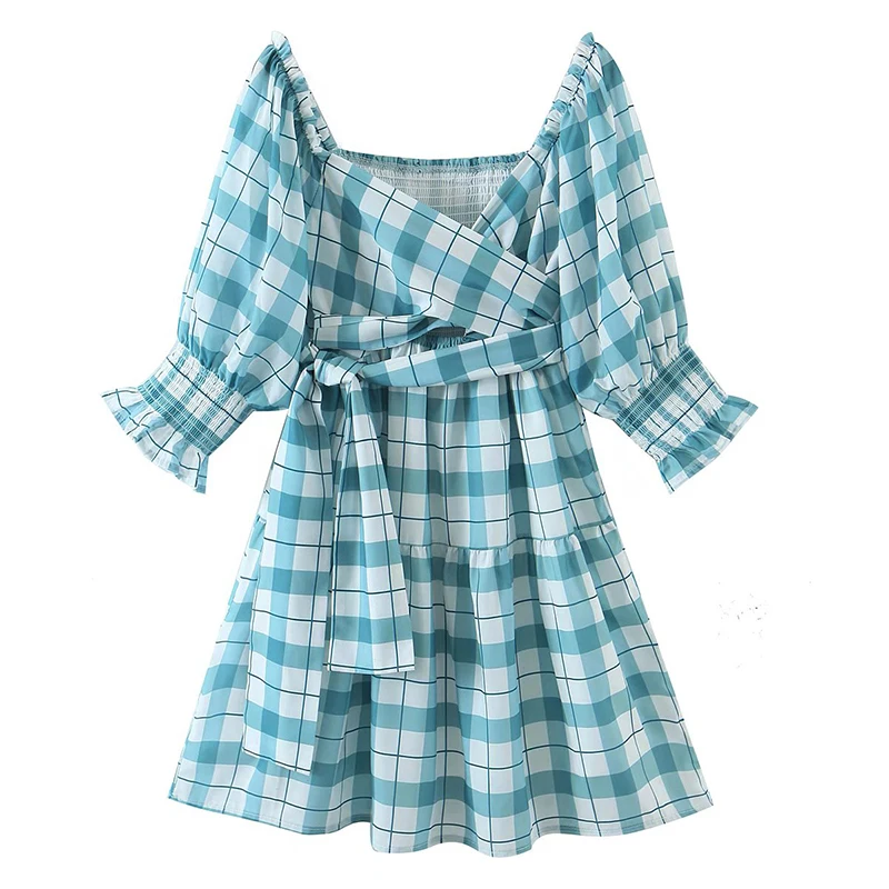 

YENKYE Summer Women Vintage Plaid Short Dress Cross V Neck Sashes Puff Sleeve Dress Holiday Ladies A-line Casual Vestido