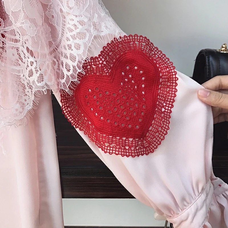 

Runway Designer 2020 Spring Summer Women 2pcs Set Bot Collar Lace Patchwork Pink Blouse Tops + Mini Black Skirt 2 Piece Set New