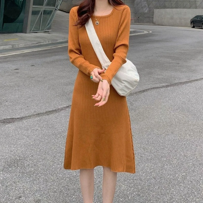 

Women Autumn Long Sleeve Knitted Sweater Midi Dress Square Collar Elegant Casual Vestidos Femme Fashion Outerwear Loose Robe