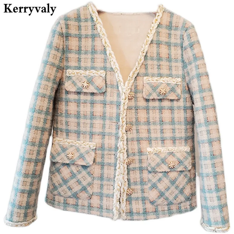 

French Small Fragrant Cashmere Suit Winter Jacket Women 2021 High Quality Light Blue Plaid Button Cotton Womens Jacket K3076