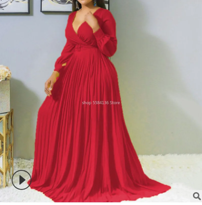 Женские макси плиссированные платья с высокой талией и поясом v образным вырезом