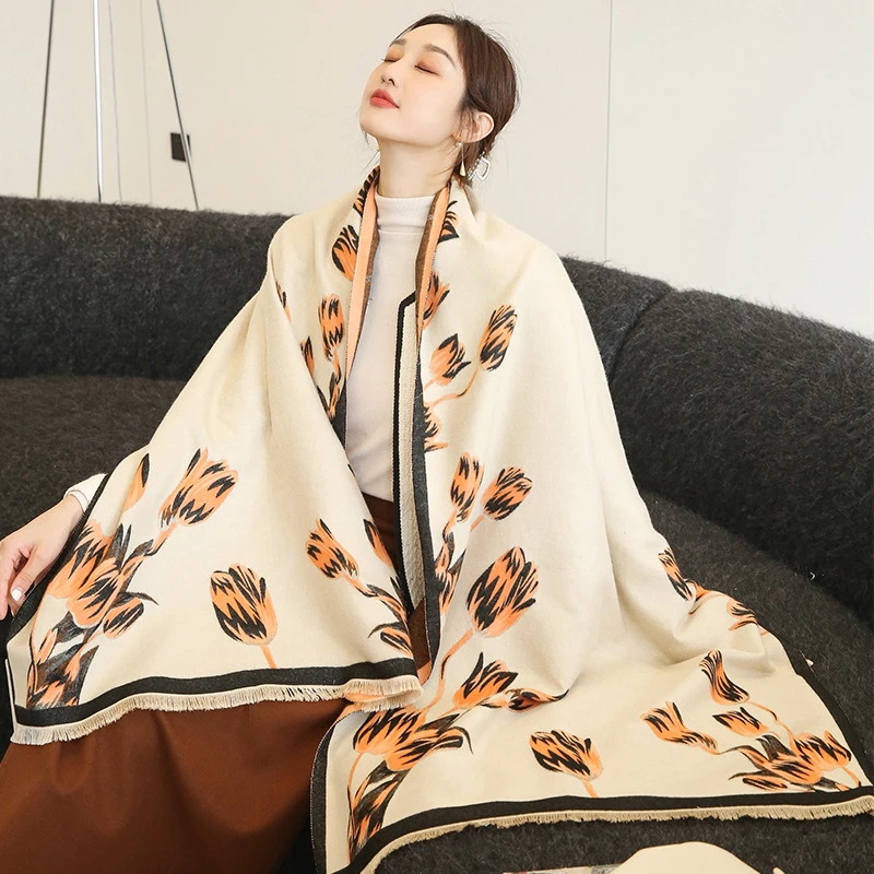 

2021 Autumn Winter Fashion Scarf Women Winter Long Double-sided Imitation Cashmere Thick Warm Shawl Scarves Blanket Echarpe