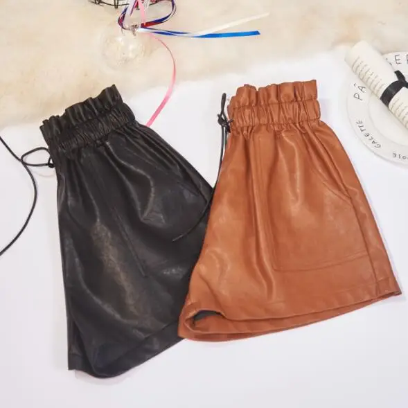 Женские шорты из искусственной кожи эластичные с высокой талией и широкими