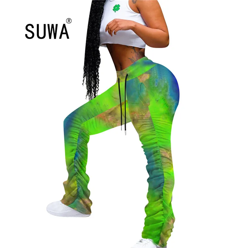 

2020 new arrival high street fashion sexy skinny pant colorful printing jogger long pants lace-up high waisted festival trousers