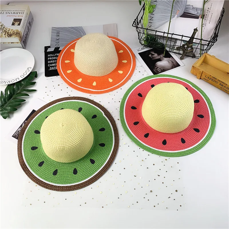 

Parent-child Family Fruit Straw Hat Color Matching Holiday Watermelon Shape Women Girls Big Vacation Hat For Mother-Child Caps