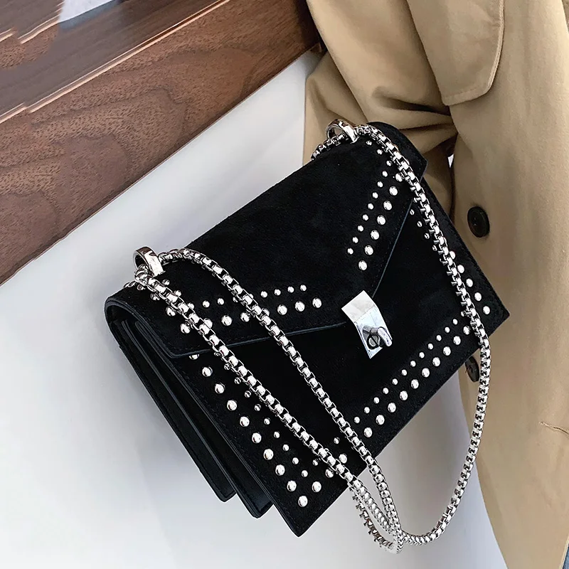 

Rivets Designer Leather Crossbody Bag For Women 2021 Fashion Chain Handbag and Purses Female Ladies Small Shoulder Messenger Bag