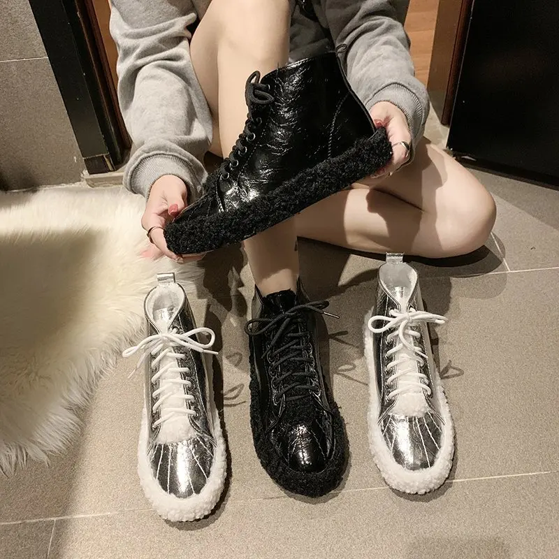 Hairy Shoes Women's High-top Shoes 2022 Autumn and Winter New All-match Casual Shoes Plus Velvet Warm Snow Cotton Shoes