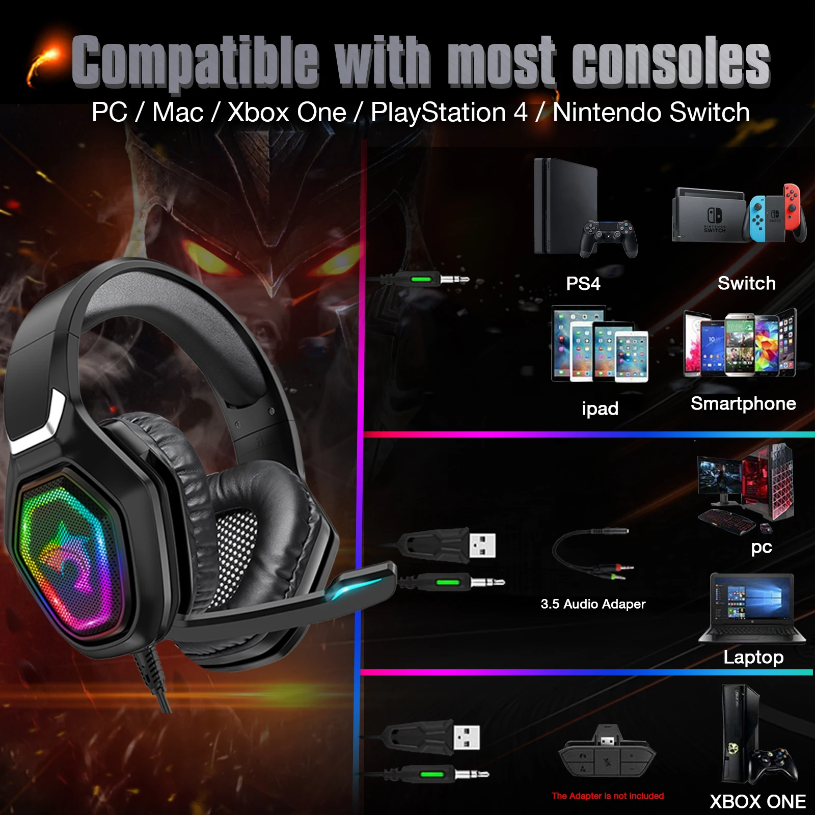 

High-End RGB Light 7.1 Bass Stereo Gamer Headphones with Microphone For PS4 Playstation 5 PC Cell Phone LED Wired Gaming Headset