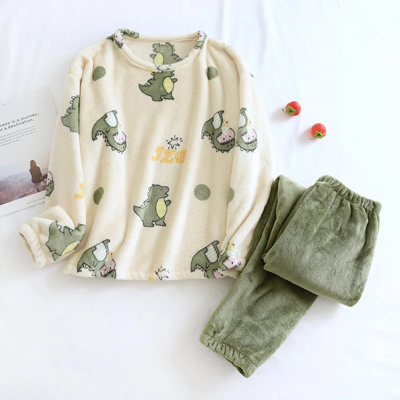 

Dinosaur Ladies Pajamas Fall/winter Flannel Suit Warmth Thick and Comfortable Home Clothes Fresh and Lovely Pyjama Femme Hiver