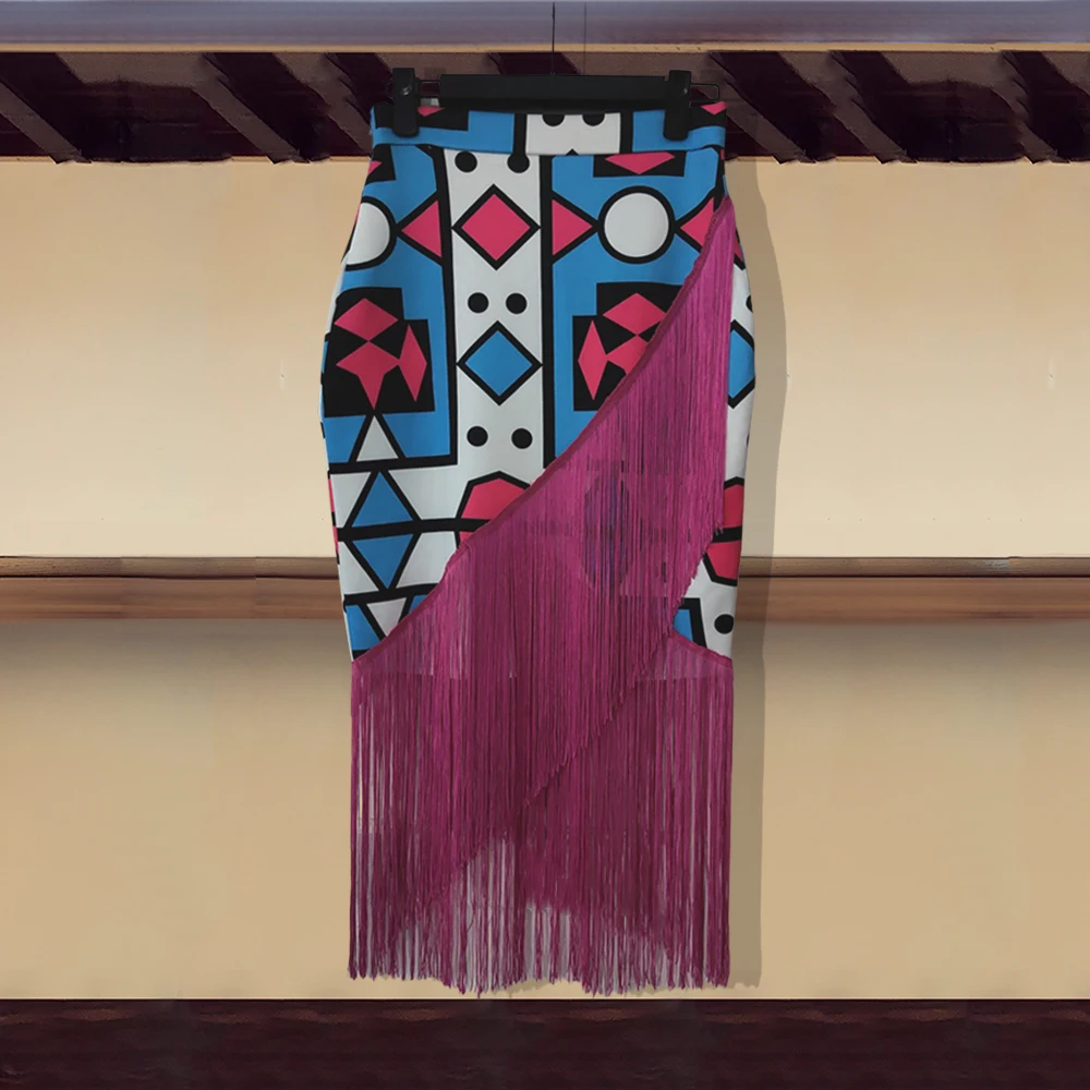 Юбка с высокой талией принтом и кисточками нестандартная африканская бахрома