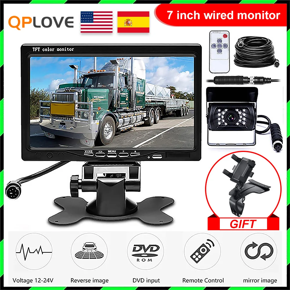 Проводной TFT ЖК-монитор QPLOVE 7 дюймов камера заднего вида с двумя треками монитор