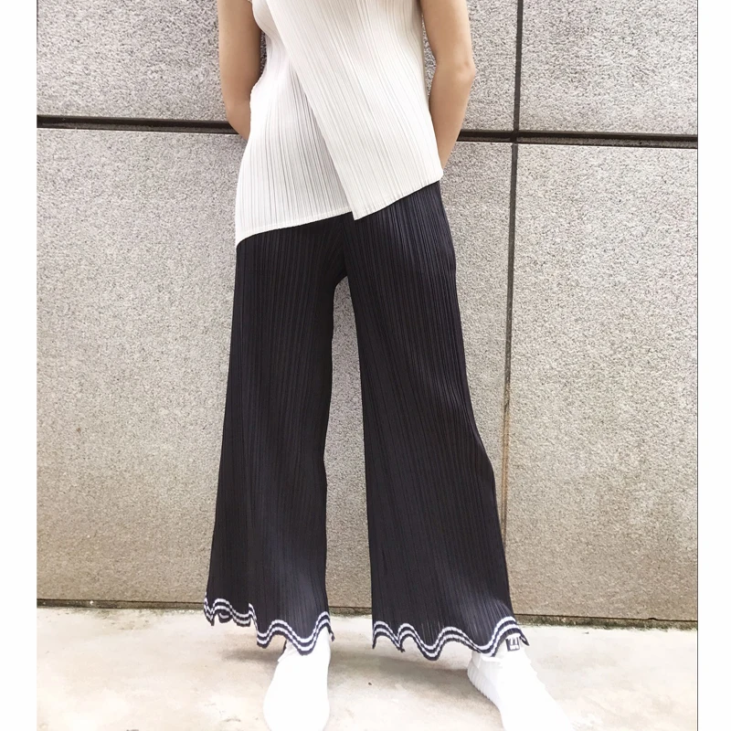 HOT SELLING  Miyake Fashion fine fold Narrow side straight leg pants long  pants wide leg pants IN STOCK