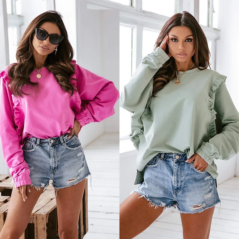 

Dreamlikelin Autumn Women Loose Casual Long Sleeve Sweatshirt T-shirt Round Neck Bat Sleeve Solid Tops Elegant Pullovers
