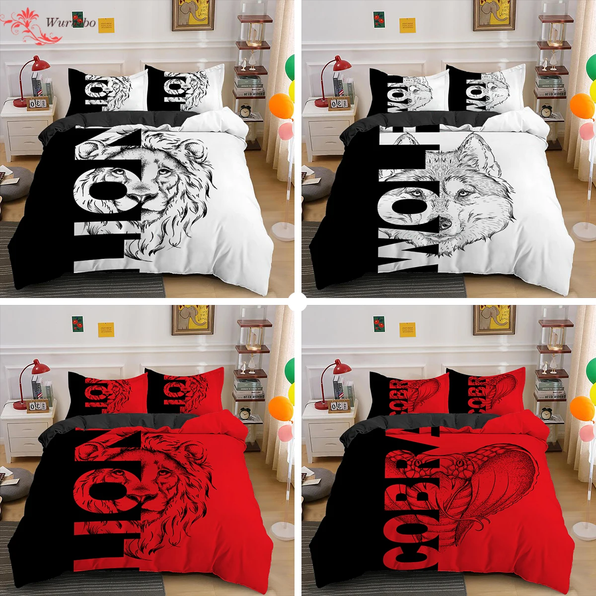 

Lion/Dog/Wolf Black Red White Polyester Duvet Cover Set Nordic Bed Cover 150/135/90 2/3Pcs King Bedding Sets Four Seasons