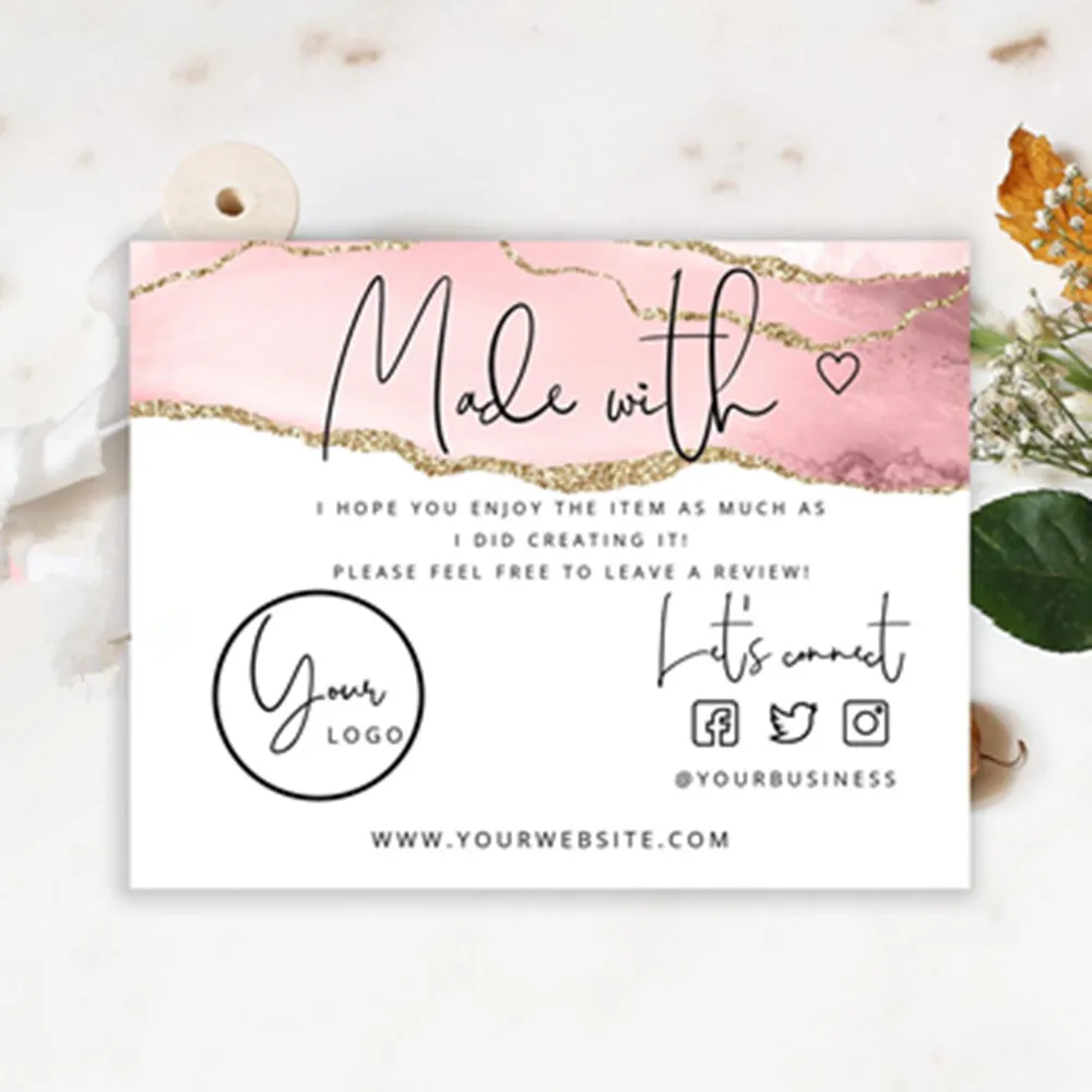 

Personalize Logo Business Name Card，Gold Pink made with love card， Thank You for small business，Custom Text Social Medial Card