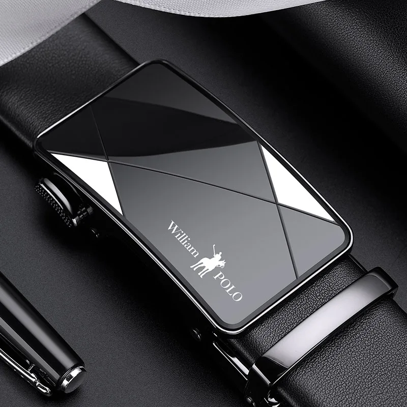 WilliamPolo Belt men's automatic buckle leather belt men's fashion geometric youth pure leather belt