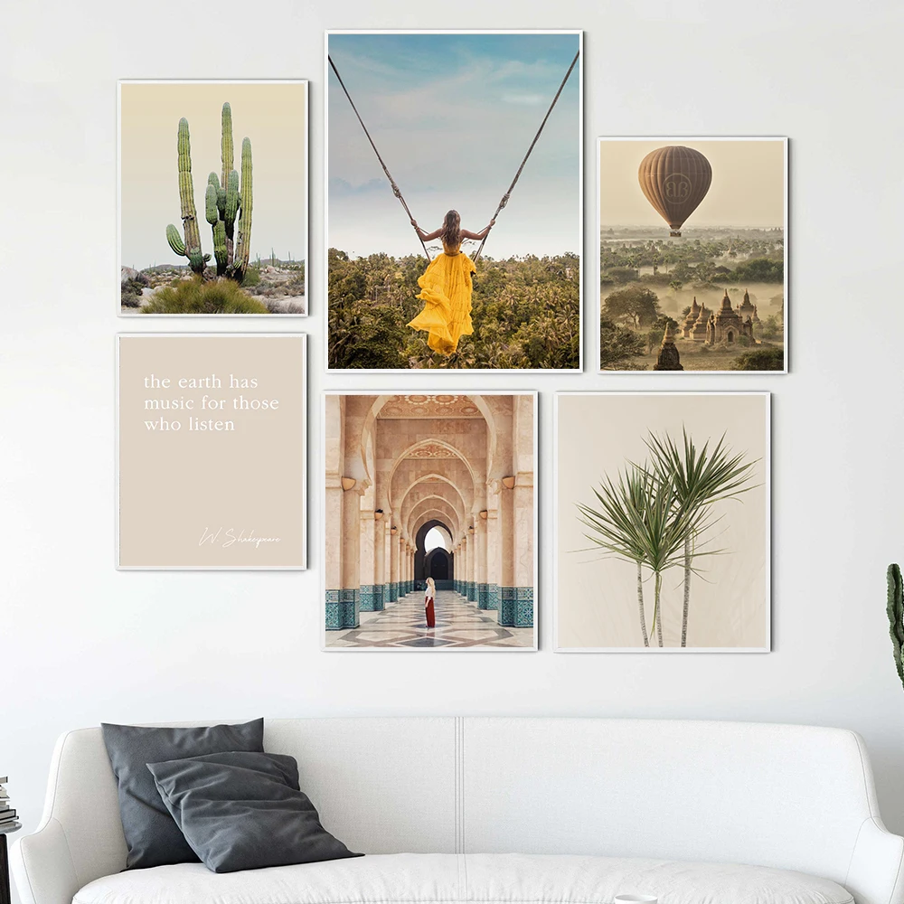 

Swing girl Leaf Plant Hot air Balloon Canvas Painting Morocco Nordic Landscape Poster Wall Art Pictures Living Room Decor