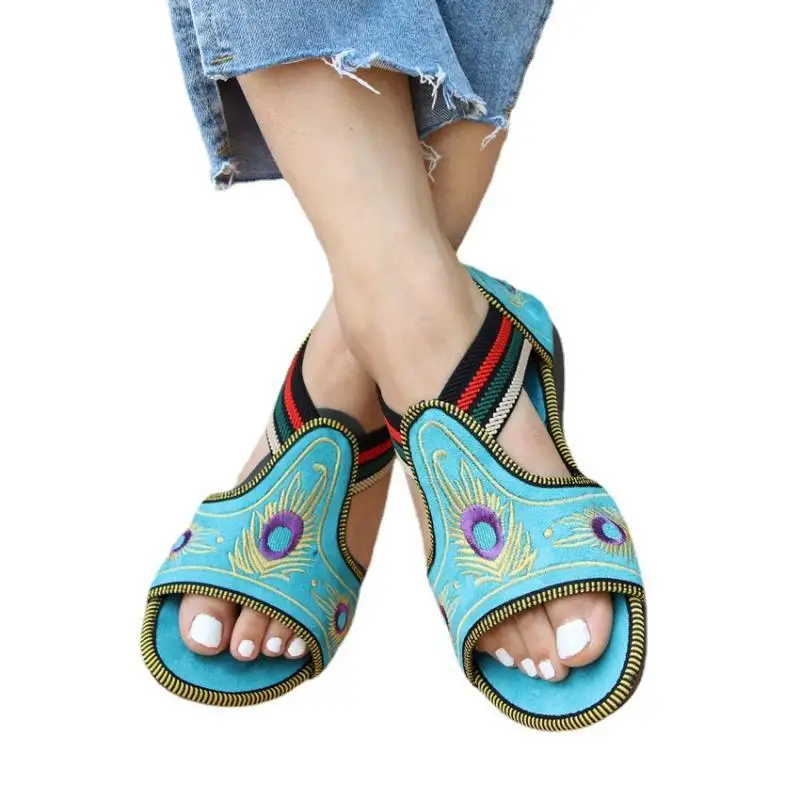 

Women Sandals Ethnic Style Embroidered Flat Open Toe Ladies Shoes 2021 New Summer Outdoor Beach Soft Comfy Female Footwear