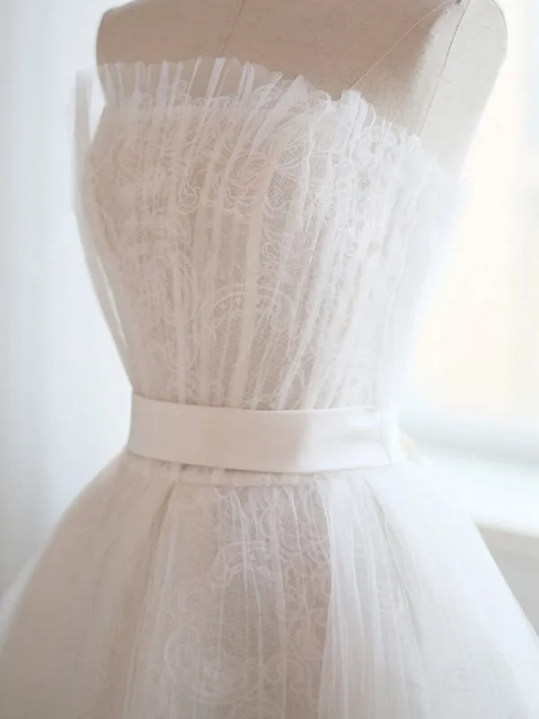 

White/Ivory Strapless Lace Beach Wedding Dress Tulle/netting Pleat High/Low Ordinary Vestidos de novia Lace Bridalgowns Bow