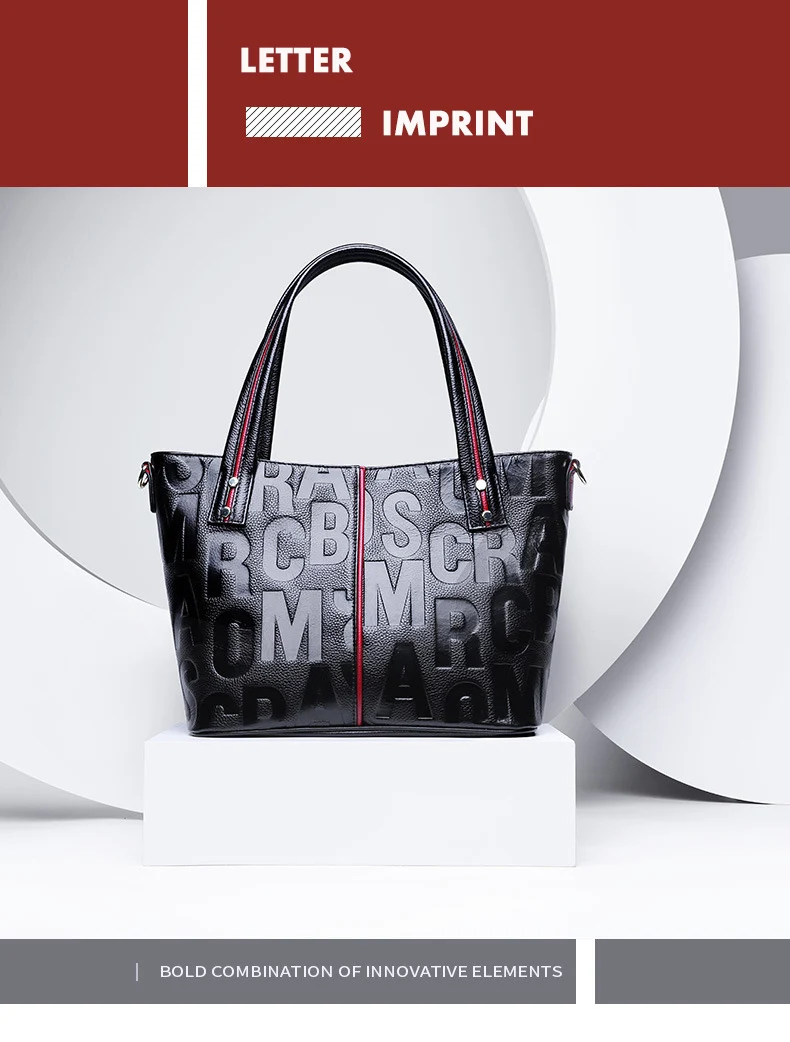 Wmnuo Brand Bag Women's Tote Genuine Leather Handbag For Women Cow Personality Letter Embossing Ladies Shoulder Bag Two Style