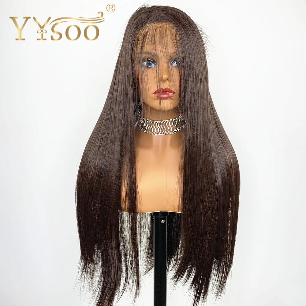 YYsoo 13X4 Long #2 Color Synthetic Lace Wigs for Black Women Silky Straight Lace front Wig Heat Resistant Hair Fiber Daily Use