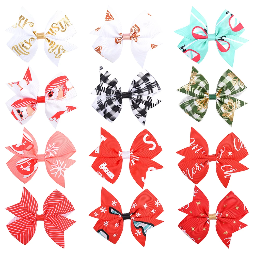 

12Pcs/Set Cute Chrismas Printing Hair Bows With Clip For Kids Girls Grosgrain Ribbon Hairpins Boutique Headwear Hair Accessories