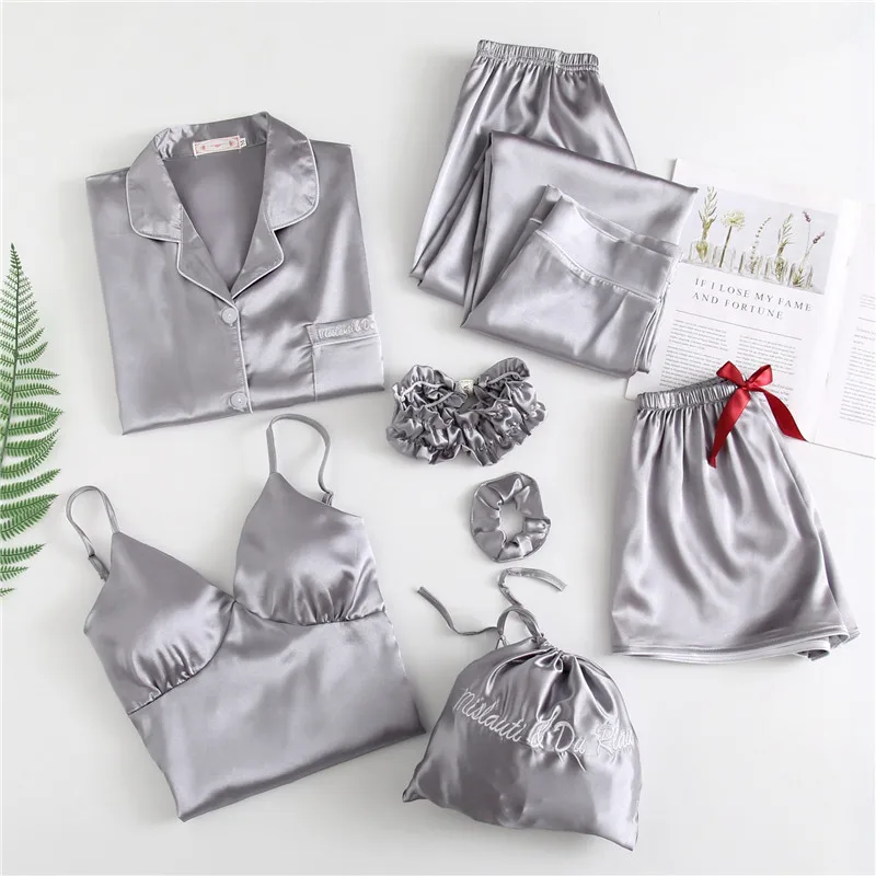 

Spring Autumn 7 Pieces Set Women silk Pajamas Long Sleeve solid sexy pajama set long Pants Full Lounge Sleepwear christmas pj