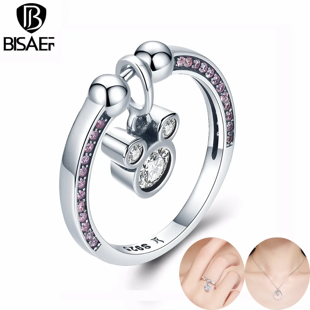 BISAER 925 пробы Серебряное кольцо геометрический Микки ослепительные CZ кольца для женщин модные ювелирные изделия DIY Ювелирные изделия Miki