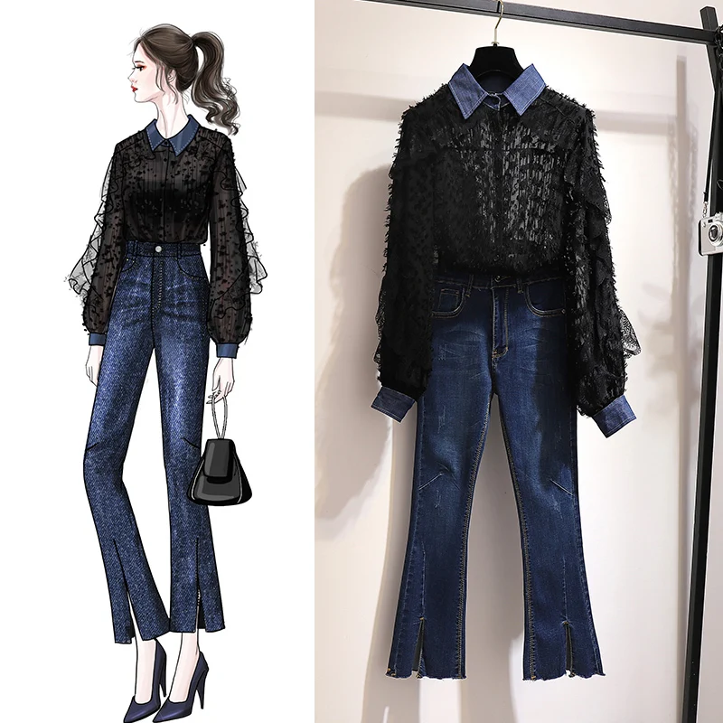 

Women's Two Piece Set Blouse Fashion Korean Jeans Outfit 2 Piece Pants Sets Women Long Sleeve Shirt Conjuntos De Mujer KJ1748