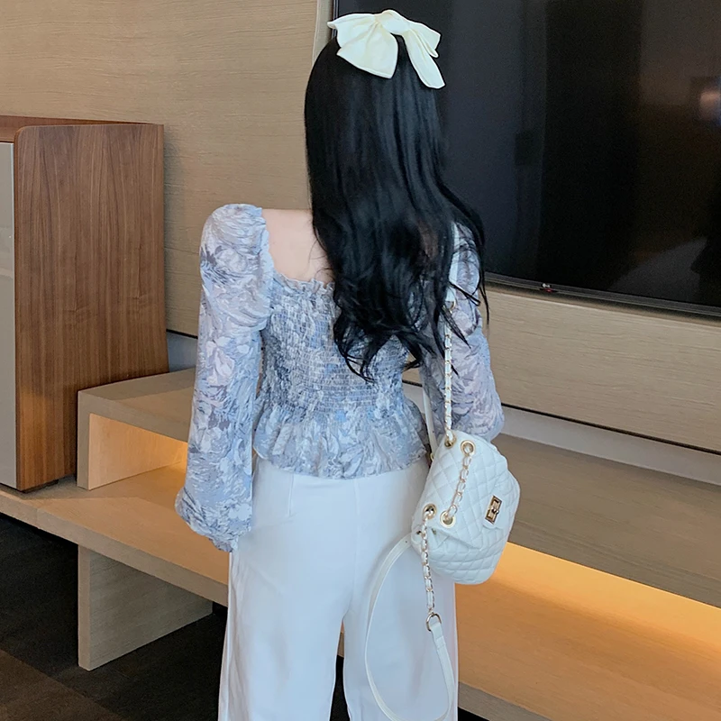 

Autumn Sexy Style Club Slash Neck Print Blusas Mujer De Moda 2021 Chiffon Shirts Off Shoulder Fashion Brand Ladies Crop Top New