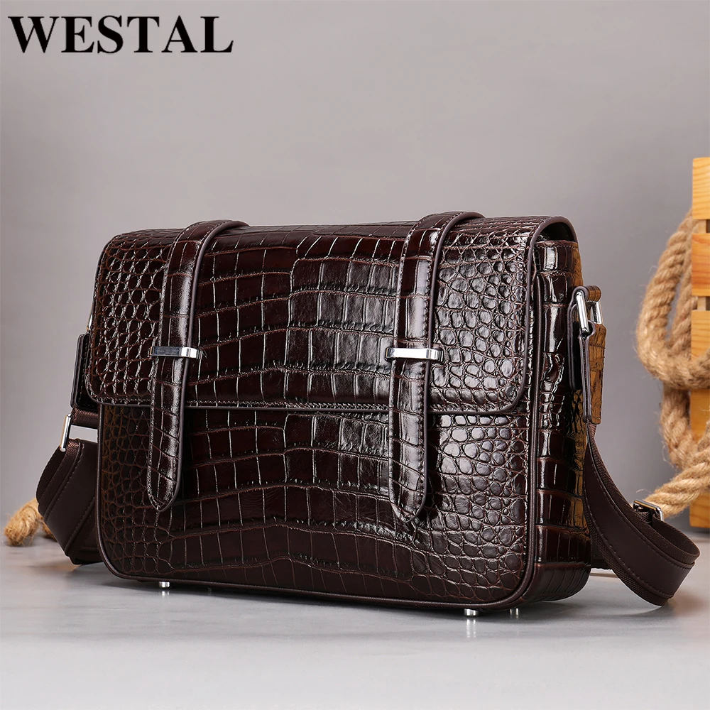 WESTAL Crocodile Skin Shoulder Bag For Men Casual Crossbody Male Side Bags Satchel Pack Leather Man's Messager Bag Sling Bags