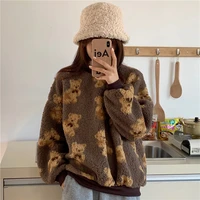 tops korean winter sweatshirts lamb hair kawaii cartoon bear print long sleeve o neck thick warm harajuku hoodie ladies fashion