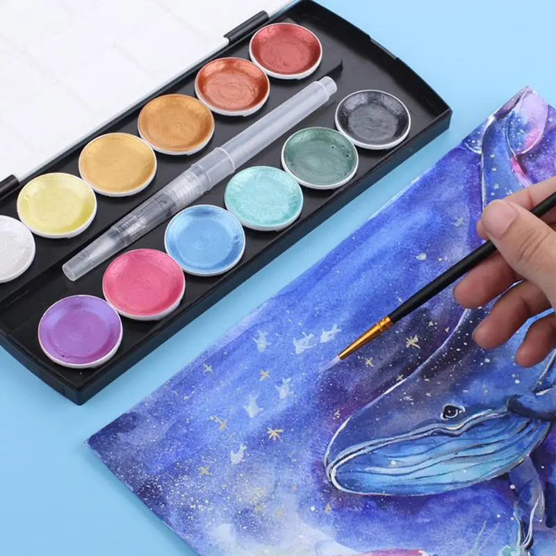 

12 Color Glitter Water Color Set Metallic Gold Pigment Paint Artist Painting U4LD
