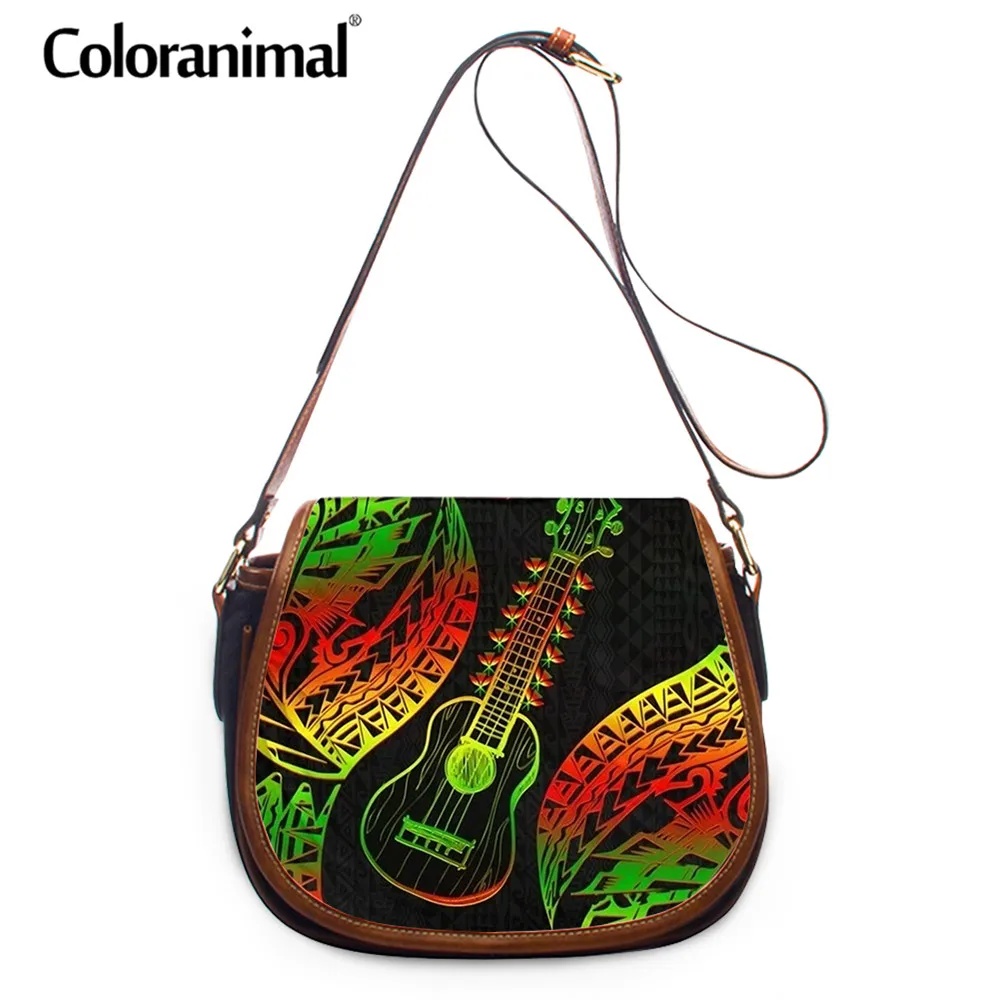 

Coloranimal Pretty Hawaii Polynesian Guitar Pattern Ladies Mini Shoulder Bag PU Leather Saddle Bag Top Handle Bag for Women