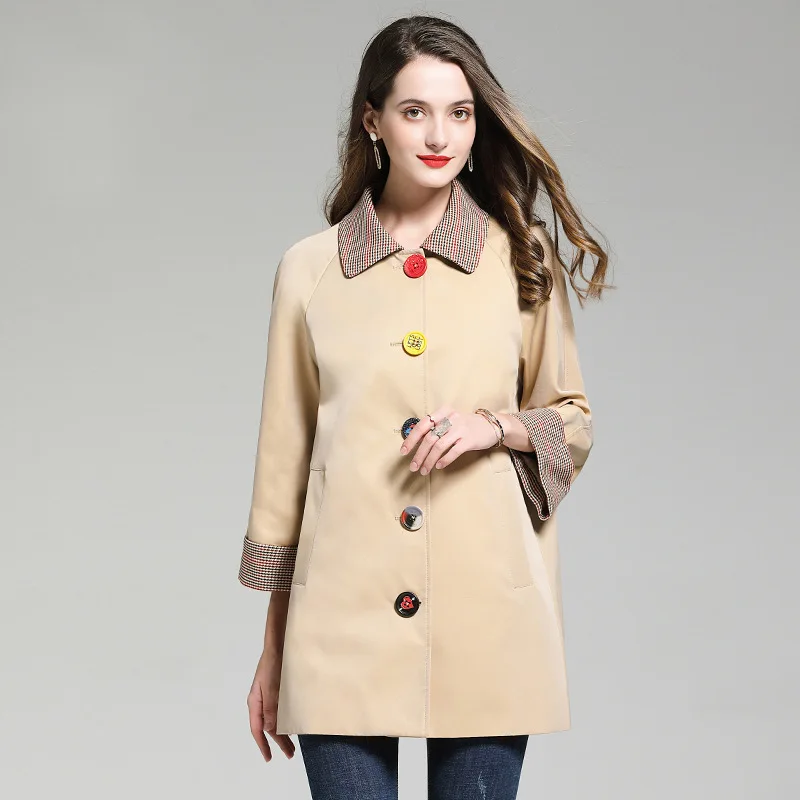 

2021 Women Patchwork Loose Coat Spring Autumn High End Khaki Fashion Warm Turn Down Collar Outwear Casual Long Female Jackets