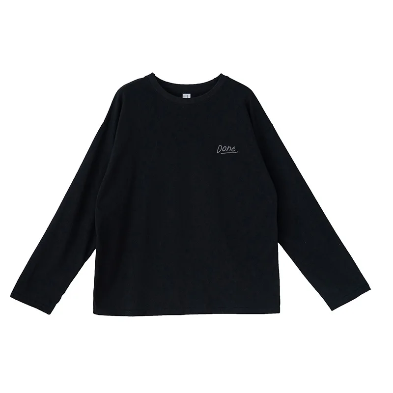 

new round neck cotton T-shirt women's long sleeves with a solid color loose bottoming shirt top black