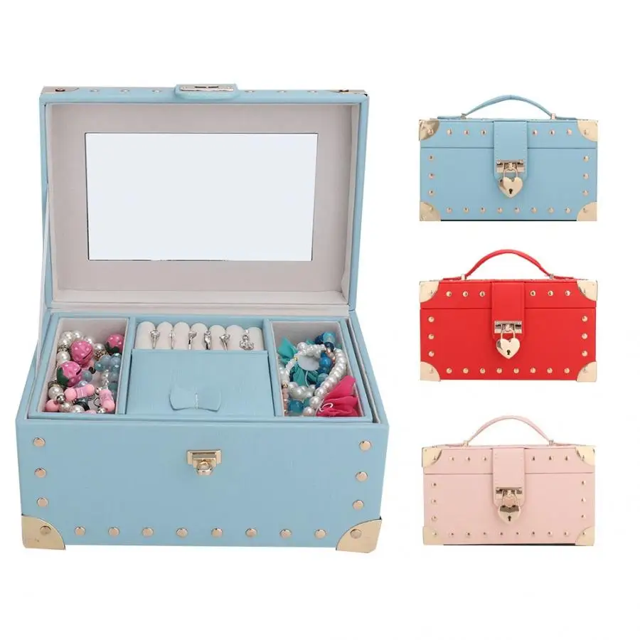 2-Layers Necklace Storage Earring Container Box Jewelry Holder with Handle Lock Mirror jewelery organizer Display for jewelry | Украшения и