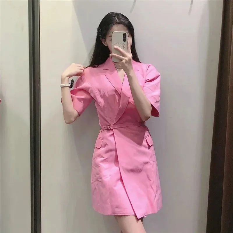 

NWOMN Za 2021 Pink Blazer Dress Women Mini Summer Dresses Woman Casual Short Sleeve Dresses Ladies V Neck Office Elegant Dress