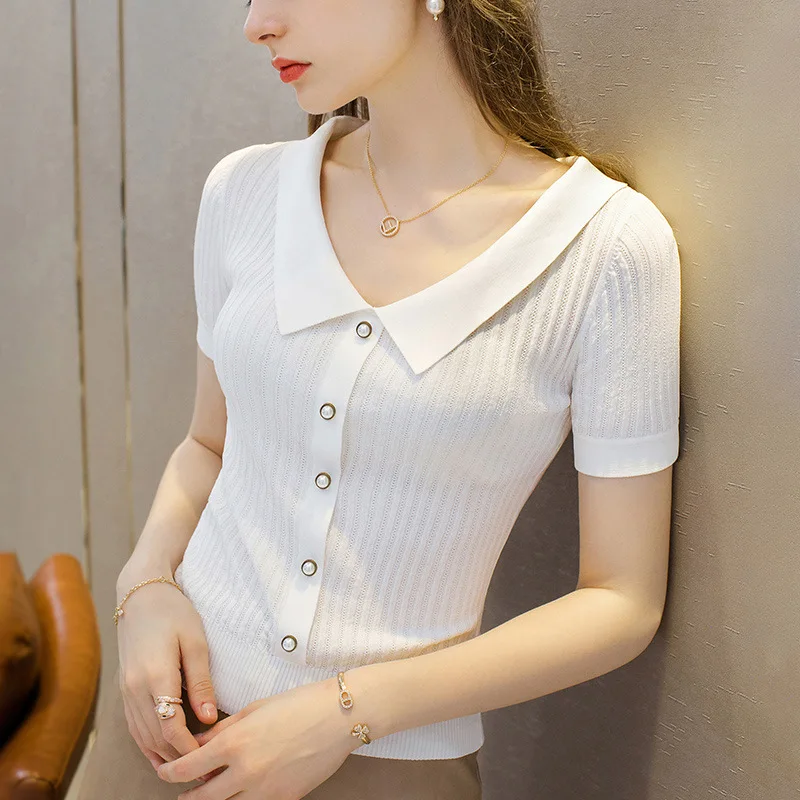 

T-shirt women's 2021 summer new women's wear polo collar single breasted short sleeve T-shirt hollow out white jacket