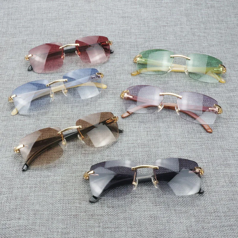 Vintage Black White Buffalo Horn Rimless Square Sunglasses Men Wood Sun Glasses Retro Wooden Shades for Summer Club Eyewear B