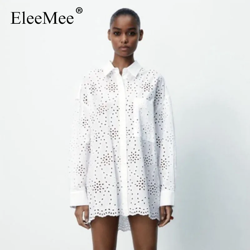 

EleeMee Loose Hollow Out Shirt Women Long Sleeve Long Tops Pocket Solid Color Fashion All-Match Casual Summer Top Size Xs-L