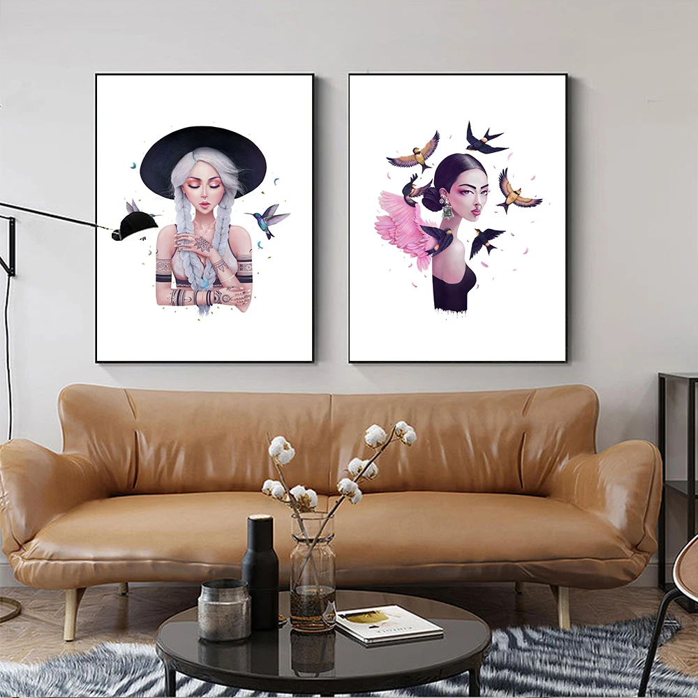 

Minimalism Girls With Birds Canvas Painting Wall Art Nordic Posters and Prints Wall Pictures Abstract for Living Room Home Decor