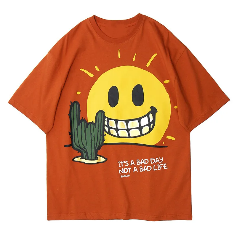 

2020 Funny Smile Sun Cactus Print Short Sleeve Tshirts Men Hip Hop Casual Streetwear T Shirts Tees Hipster Mens Harajuku Tops